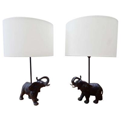 Pair of Vintage Bronze Black Patina Elephant Lamps