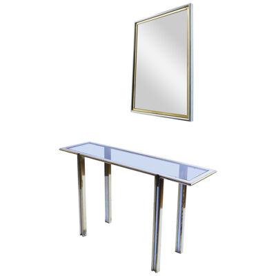 Glass, Brass and Chrome Console Table and Mirror, Italy, 1970s