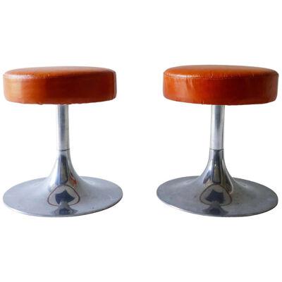 Pair of Chrome and Leather Stools, Italy 1970s