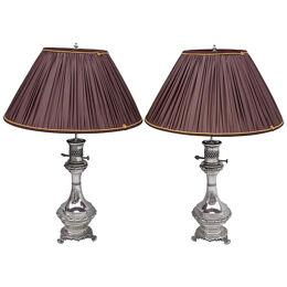 Pair Of Silvered Brass and Bronze Lamps, 19th century