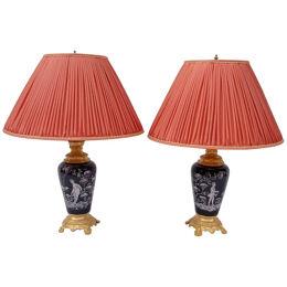 Pair of Mary Gregory style black Enameled Opaline Lamps , 19th Century