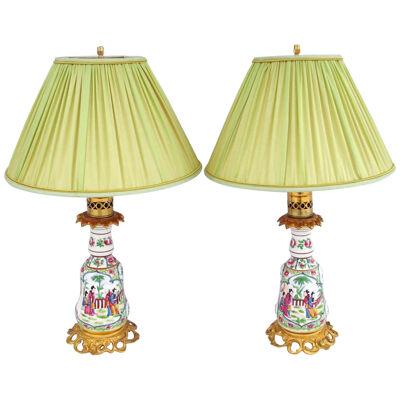 Pair of Lamps in Bayeux Porcelain, Canton Style Decoration, 20th century