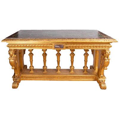 Néo Renaissance Style Giltwood Table with Marble Top, 19th Century