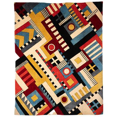 Rug,	or	tapestry	with	geometric	patterns and wool.	Contemporary	work.	