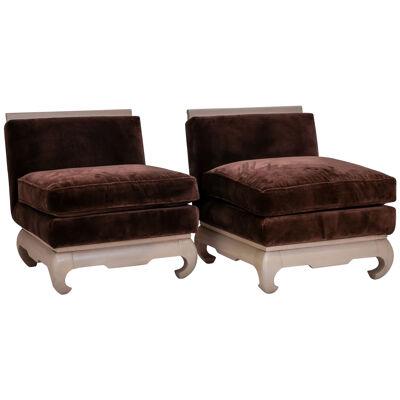Pair of Asian Inspired Slipper Chairs with Cashmere Velvet Upholstery