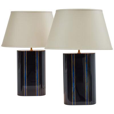 Pair of Black Lacquer Lamps with Faux Lapis Inlays  by Karl Springer