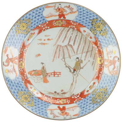 Lovely Large Antique 18C Imari Dish Qing Chinese Porcelain Garden Wall Tree Boys