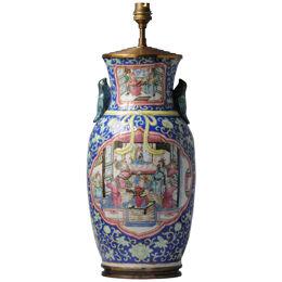 Antique lamp Vase Chinese Porcelain Qing period Cantonese Warrior Dance