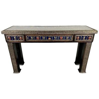 Hollywood Regency Style Blue & Silver Console with Filigree Design & One Drawer