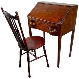 Antique English Edwardian Mahogany Inlaid Secretary Slant Front Desk & Chair