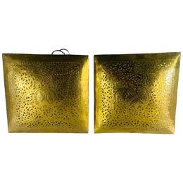 Hollywood Regency Style Brass Square Filigree Design Wall Sconce, a Pair