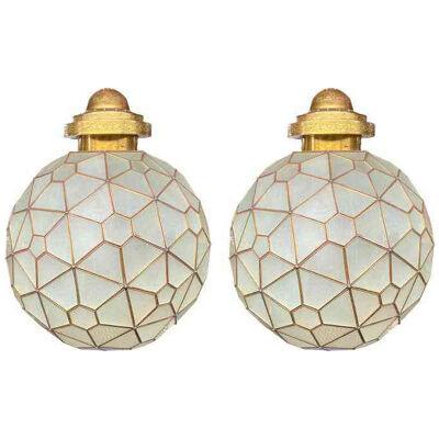 Art Deco Style Round Chandelier or Pendant, Milk Glass & Brass Inlay, a Pair
