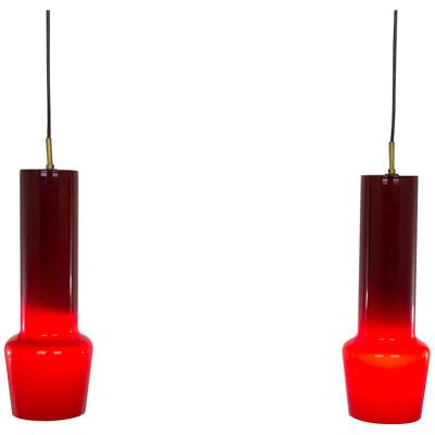 Pair of red glass pendants by Massimo Vignelli for Venini, 1950s