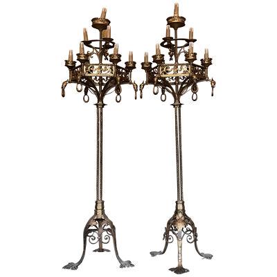 19th century pair of Gothic style gilded iron candelabras 
