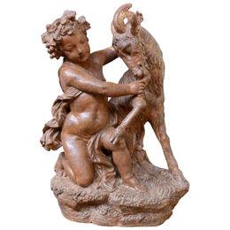 19th century Bacchus and a goat terracotta statue 