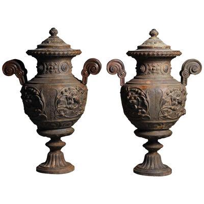 19th century pair of rare cast iron vases 