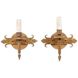 Pair of Torch Style Iron Sconces in Gold