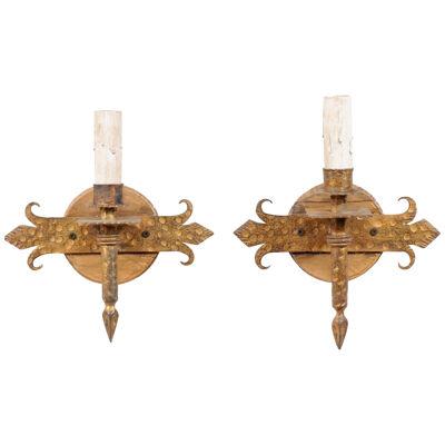 Pair of Torch Style Iron Sconces in Gold