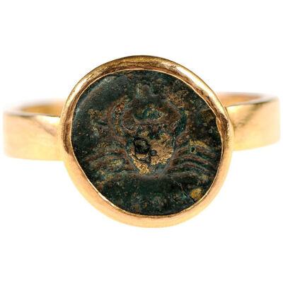 Ancient Crab Coin in 22k Gold Ring, Size 7