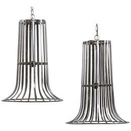 Pair French Tall Iron-Basket Hanging Lights