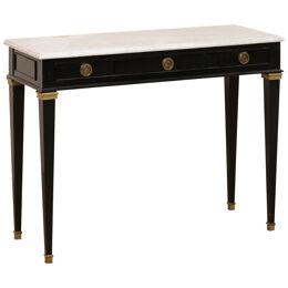 Slender French Black Console w/Marble Top