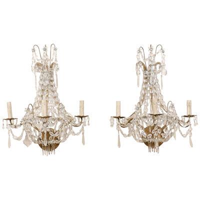 Pair French Three-Light Crystal Sconces