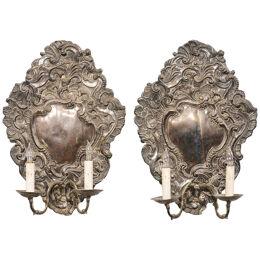 19th c Italian Baroque Style Silver Sconces