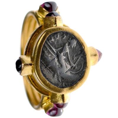 Greek Coin Gold & Ruby Ring