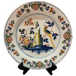 18th Century English Polychrome Delft Charger with Parakeet Decoration