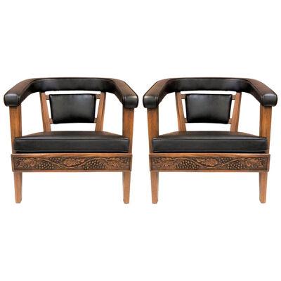 Romweber Carved Oak Lounge Chairs Pair