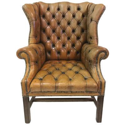 Vintage English Leather Tufted Wingback Library Chair