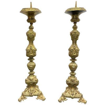 19th Century Tall Brass Italian Pricket Sticks