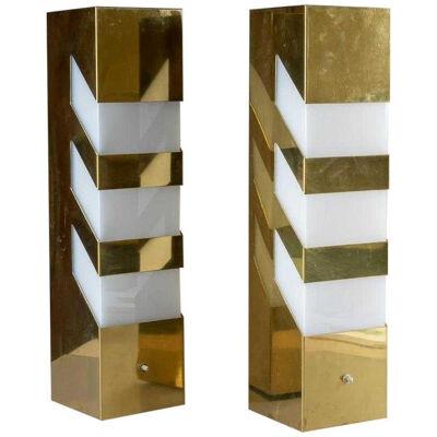 Mid-Century Modern Geometric Brass Lamps Pair