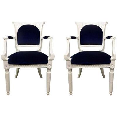 1940s Lacquered Regency Style Armchairs in Blue Mohair