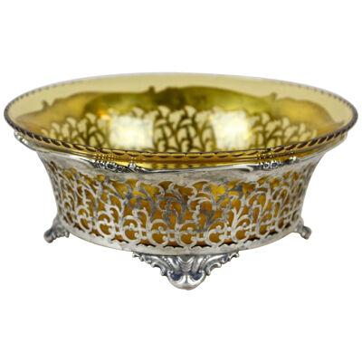 20th Century Art Nouveau Silver Basket With Ambercolored Glass Bowl, AT ca. 1900