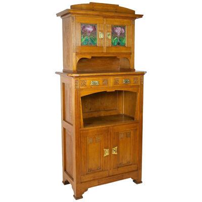 Art Nouveau Oakwood Cabinet/ Buffet With Tiffany Style Glass Inlays, AT ca 1910