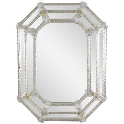 Octagonal Murano Glass Mirror With Engravings/Glass Flowers, Signed, IT, 1970s