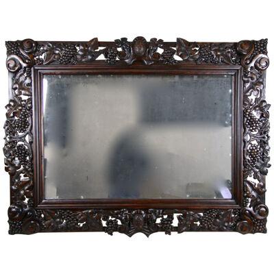 Black Forest Wall Mirror with Grapes and Leaves Hand Carved, Austria Dated 1919