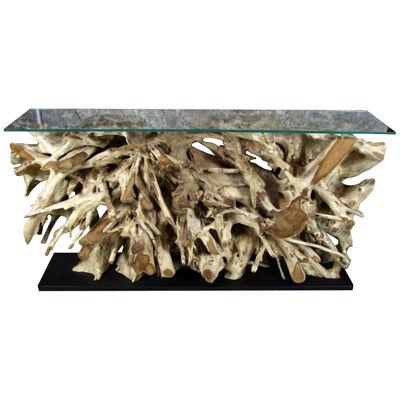 Contemporary Teak Root Console / Sideboard with Safety Glass Top, Organic Modern