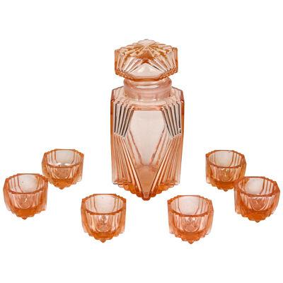 Coral Colored Art Deco Glass Decanter Set With 6 Shot Glasses, Austria ca. 1920