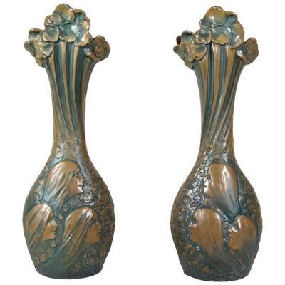 Pair of Art Nouveau Majolica Vases by B. Bloch Eichwald, Bohemia, circa 1900