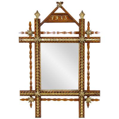 20th Century Rustic Tramp Art Wall Mirror With Gilt Parts, Austria - Dated 1925