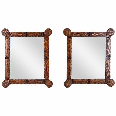 Pair of Small Tramp Art Wall Mirrors, Handcarved, Austria ca. 1870