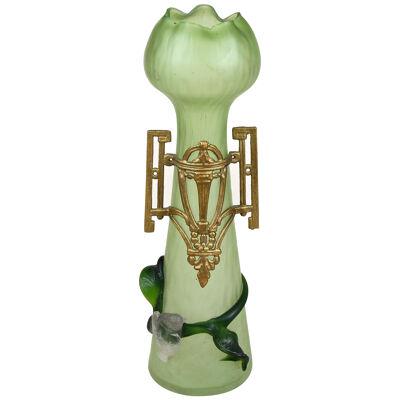 Green Glass Vase With Bronze Mounting Art Nouveau, Bohemia circa 1905
