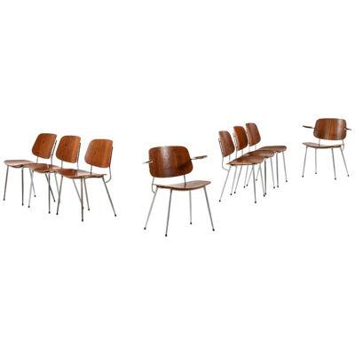 Set of 6 Dining Chairs and 2 Armchairs in Teak with Steel by Børge Mogensen