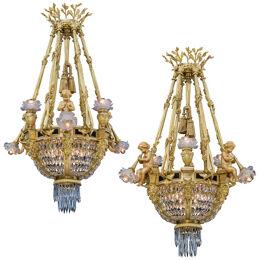 Rare Pair of Ormolu Basket Chandeliers In the Louis XVI Style