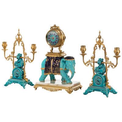 French Blue Porcelain Chinoiserie Clock Set with Candelabra