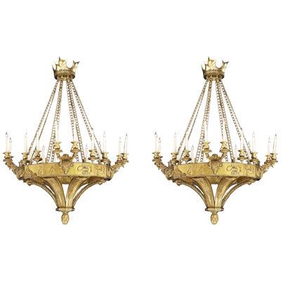 Rare Pair of 16-Light Chandeliers in the Gothic Revival Style