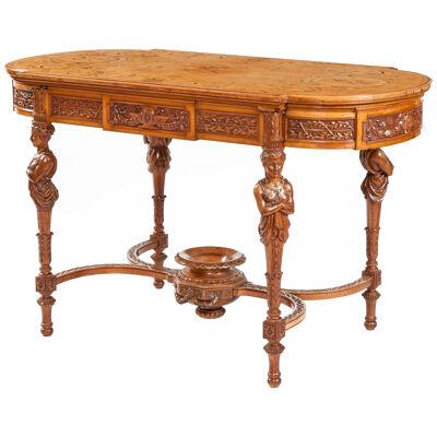 19th Century Satinwood Marquetry Top and Hand-Carved Centre Table