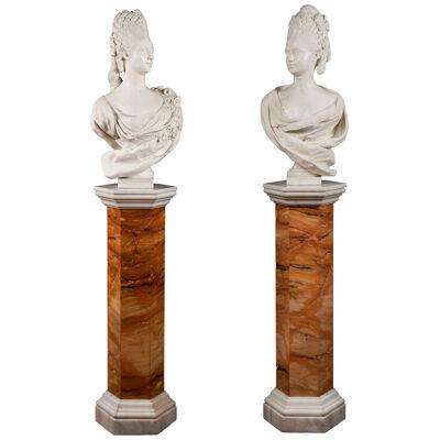 Pair of Carved Marble Royal Busts on Pedestals
